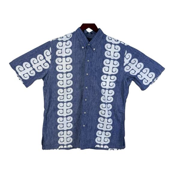 Reyn Spooner Hawaiian Shirt Mens Large Gray Geometric Short Sleeve Button Up - Picture 1 of 12